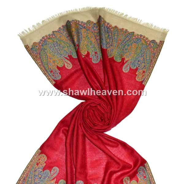 Bright red and beige kani paisley border wool shawl